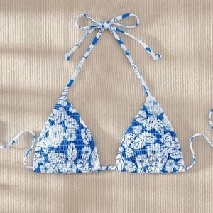 Blue floral smocked bikini top